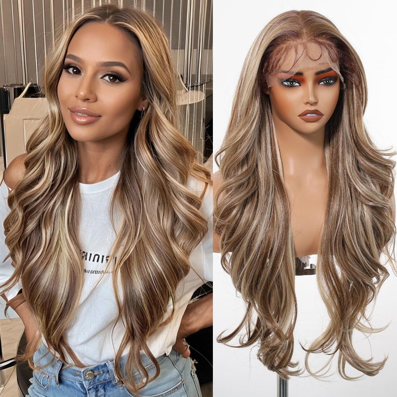 Allbell 13x6 HD Lace Wigs Honey Blonde Synthetic Lace Front Wig Preplucked Hairline with Baby Hair 28inch Long Body Wave Lace Wigs for WomenBrown with Blonde Highlights